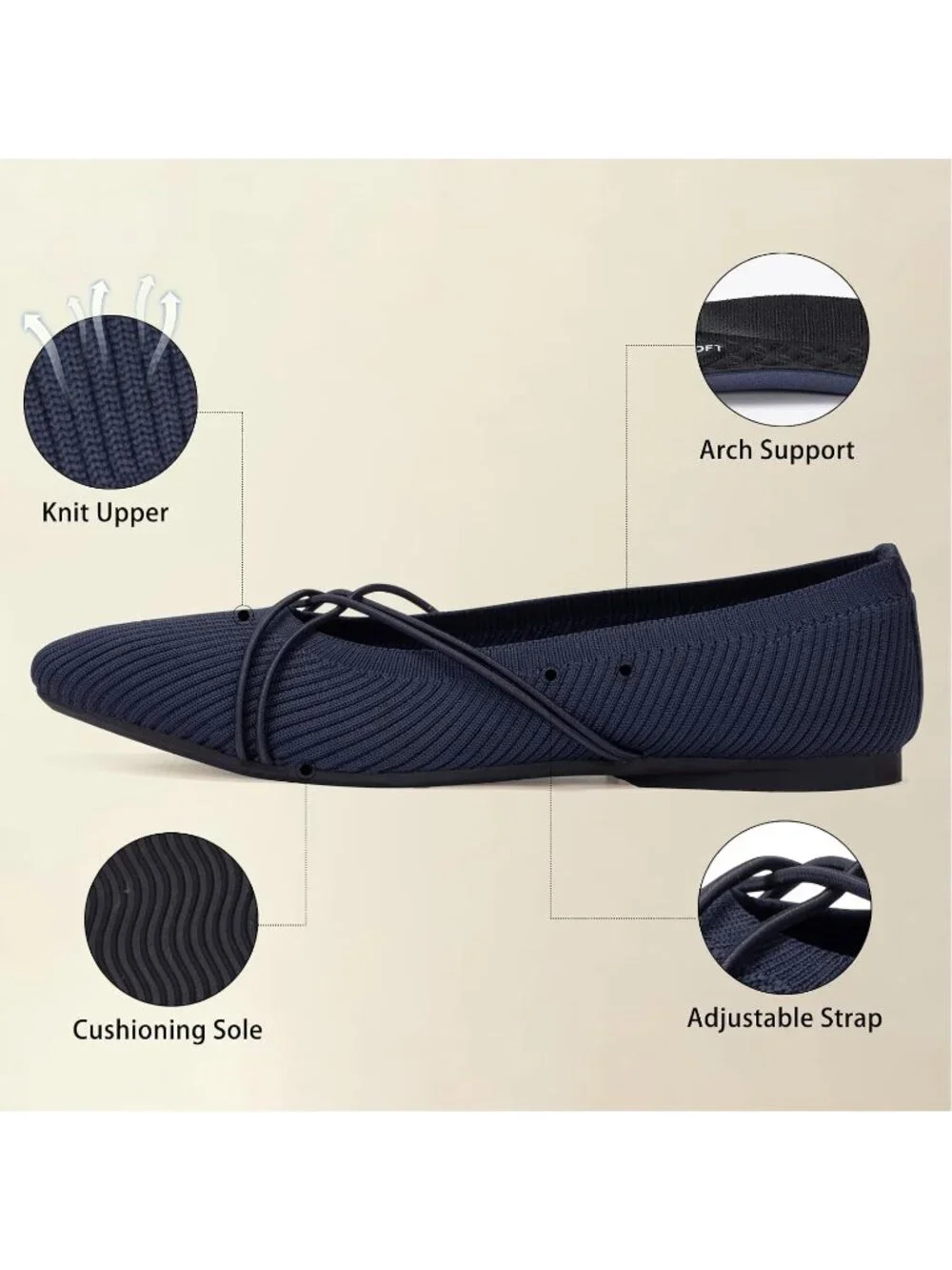Women's Navy Square Toe Flats Comfortable Knit Ballet Flats with Cross Strap